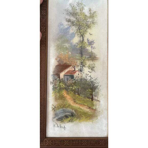 Antique M Degraff 21 X 7.5 Summer Cottage Stone Path Wooden Fence Lake Pastel - Picture 1 of 6